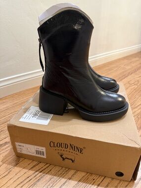Cloud Nine Black Leather Mid-Calf Block Heel Boots